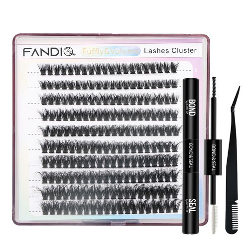 FANDIQ Cluster Lashes Extension Kit,200PCS Individual Eyelash Extension Kit 8-16MIX Fluffy DIY Lash Clusters D Curl Wisper Lashes Kit with Lash Bond and Seal Lash Tweezers for Self Use(60D)
