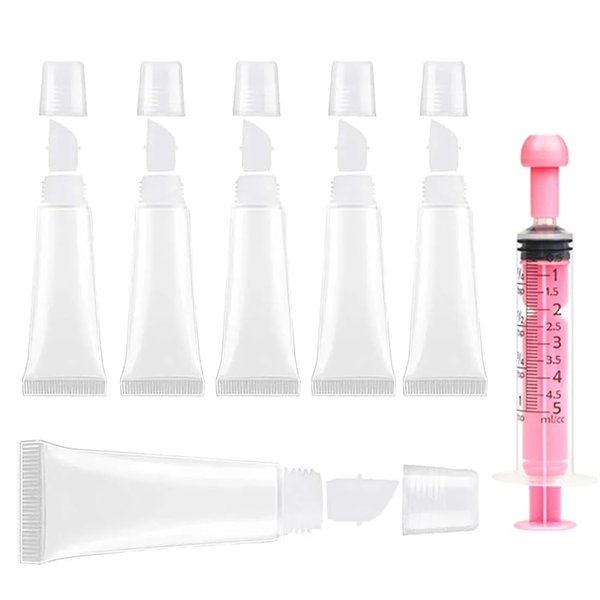 uadbau 6PCS Empty Lip Gloss Tubes - 8ml Clear Lip Balm Tubes with 5ml Syringes - Refillable Squeeze Tubes for Lip Gloss - Mini Cosmetic Soft Tubes for DIY Lip Gloss and Travel Toiletries