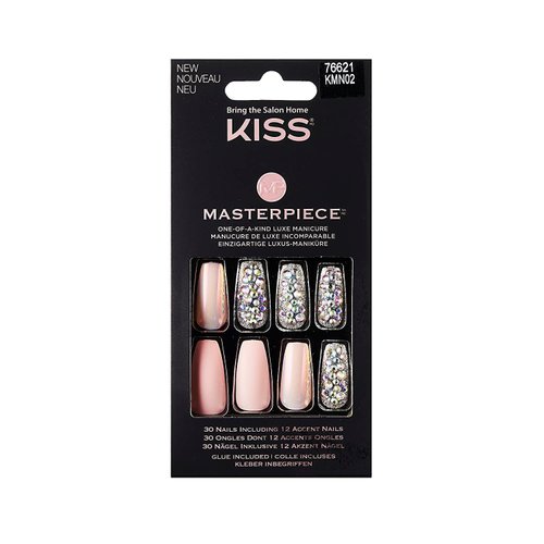 KISS Masterpiece One-Of-A-Kind Luxe Manicure, Premium Acrylic Fake Nails with Pink Gel Nail Glue, Manicure Stick, Mini Nail File, & 30 Glue On Nails Including 12 Accent Nails