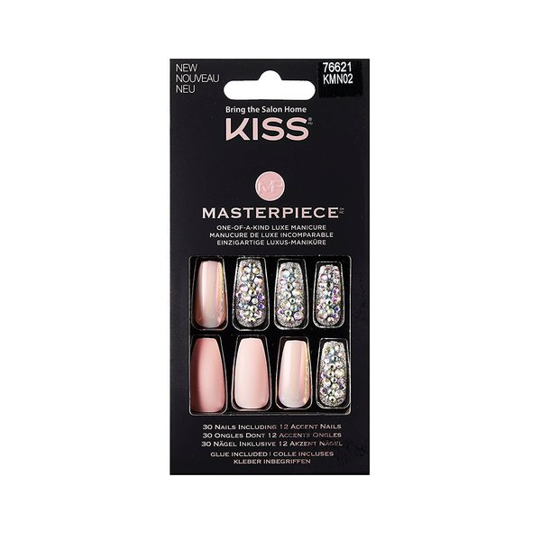KISS Masterpiece One-Of-A-Kind Luxe Manicure, Premium Acrylic Fake Nails with Pink Gel Nail Glue, Manicure Stick, Mini Nail File, & 30 Glue On Nails Including 12 Accent Nails