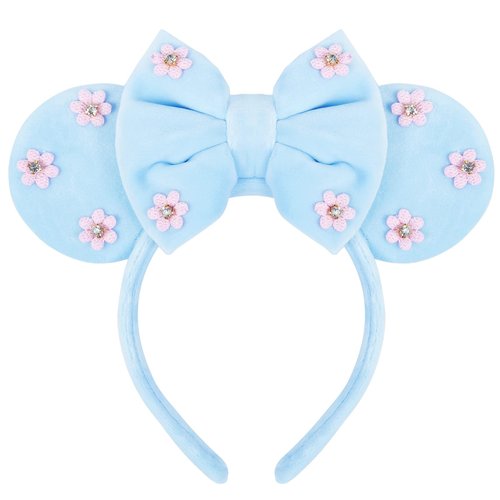 WOVOWOVO Mouse Ears Headbands for Women Girls Sky Blue Flower Mouse Ear Hairbands Bow Velvet Headband Christmas Princess Party Decorations