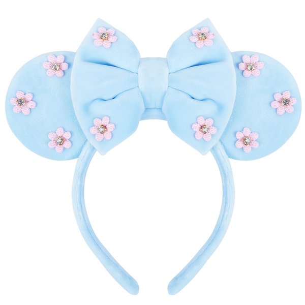 WOVOWOVO Mouse Ears Headbands for Women Girls Sky Blue Flower Mouse Ear Hairbands Bow Velvet Headband Christmas Princess Party Decorations