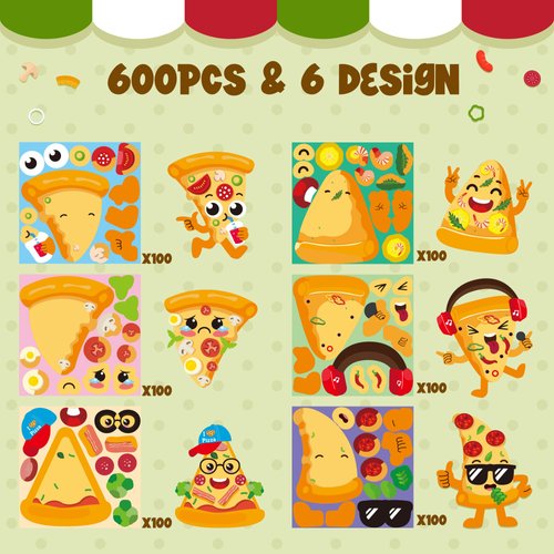 Haooryx Pizza DIY Sticker Roll - 300pcs Kids' DIY Craft Sticker Roll Make Your Own Pizza Reusable Mix And Match Vinyl Waterproof Bullet Journal Student Awards Incentives Water Bottle Page Activity Pad