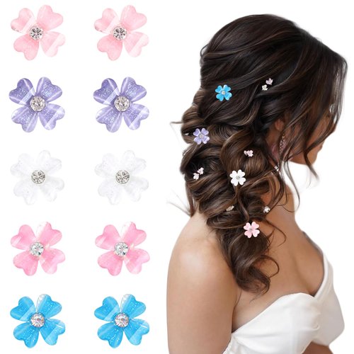 10 Pcs Small Flower Hair Clips with Rhinestone Mini Clover Cute Hair Pins Wedding Bridal Hair Accessories Decorative for Fine Hair Barrettes for Girls Women(5-Colors)