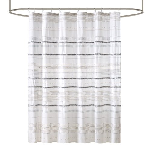INK+IVY NEA 100% Cotton Shower Curtain Boho Tassels, Multi-Color Stripe Print Machine Washable, Modern Home Bathroom Décor Bathtub Privacy Screen, 72" x 72", Off White/Gray