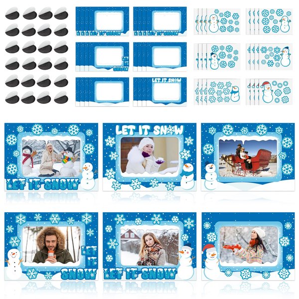 Blueweenly 24 Packs Winter Picture Frame Craft Kit DIY Winter Photo Frames Bulk Snowflake Snowman Christmas Frosted Window Pane Magnet Frame Art Crafts for Party Favor Decor Home Activity