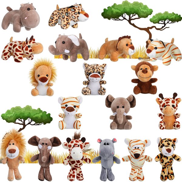 18 Pieces Small Safari Stuffed Animals 4.8 Inch Mini Jungle Animal Plush Toys Zoo Stuffed Animals Set Cute Small Plush for Animal Themed Parties Teacher Student Award(Stylish Style)