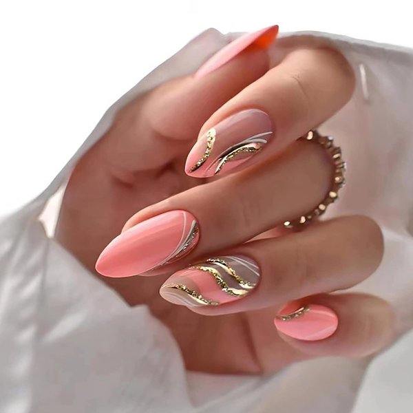 Press on Nails Short Almond, Coffin Shape Full Cover Reusable False Nails with Glue, Stick on Nails with Ripple Designs, Artificial Fingernails Acrylic Fake Nails for Women, Glue on Nails (W459)