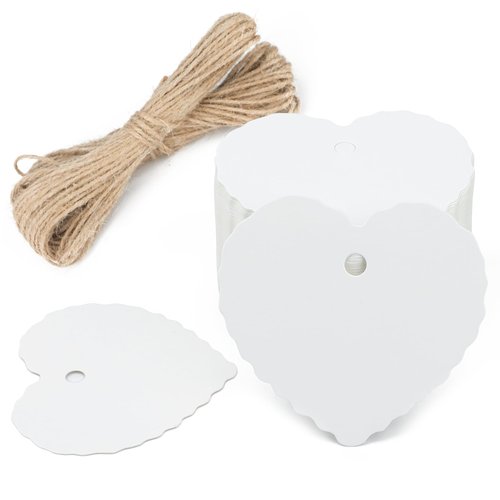 G2PLUS Small Heart Tags,100PCS Kraft Paper Gift Tags with String, Craft Show Price Tags, Blank Heart Shaped Name Tags Hang Labels for Gift Wrapping, Valentine, Wedding Party Favor（White）