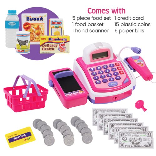 Prextex Grocery Store Pretend Play Electronic Toy Kids Cash Register Set - STEM Cash Register for Kids with Microphone, Play Money, and Food Basket - Kids Checkout Register with Scanner- Pink
