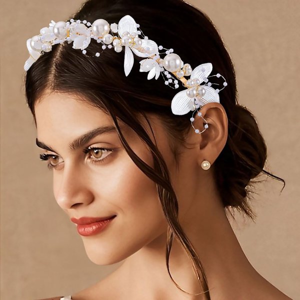 Fdesigner Pearl Flower Headbands Princess Floral Crystal Wedding Bride Party Hair Accessories for Women (Gold)