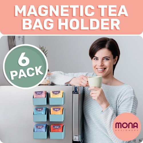 Mona Magnetic Tea Bag Organizer - Set of 6 Individual Tea Bag Holders for The Refrigerator, Counter or Kitchen Shelf. Stylish & Practical Space Saving Tea Organizer for Tea Display (Sage)