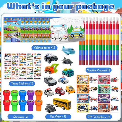 72Pcs Transportation Party Coloring Book with Crayons Bulk，Vehicle Car Party Favors Goodie Bags Fillers,Hot Wheels Birthday Party Supplies Face Stickers Tattoo Prizes Gift for Wheels Car Party