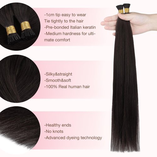 GOO GOO I Tip Hair Extensions Real Human Hair, 16inch 50g 100S, Cold Fusion I Tip Hair Extensions, Invisible Remy Hair Extensions, #2 Dark Brown