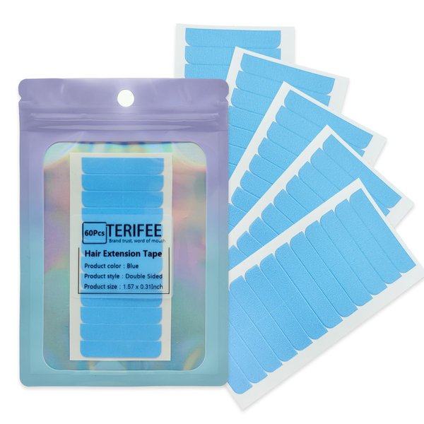 TERIFEE 60PCS Hair Extension Tape,Blue Double Sided Tape in Human Hair Extensions Tape Replacement 1.57 x 0.31 Inch Tape Tabs for Hair Extensions