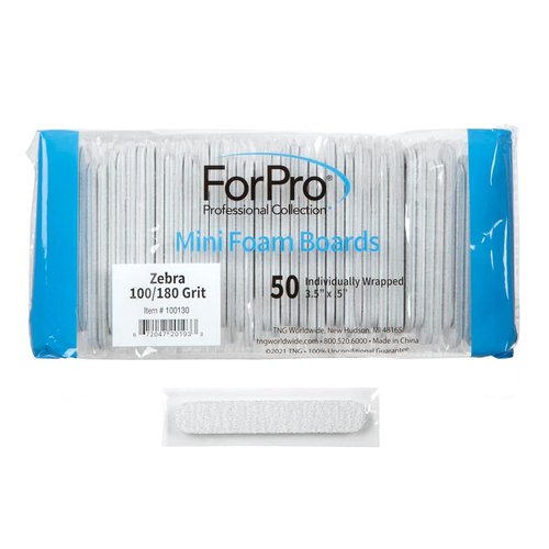 ForPro Professional Collection Mini Foam Board, Zebra, 100/180 Grit, Double-Sided Manicure Nail File, Individually-Wrapped, 3.5” L x .5” W, 50-Count