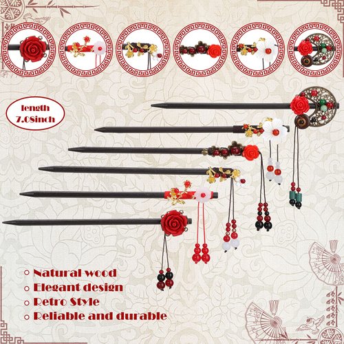 WILLBOND 6 Pcs Chinese Hair Chopsticks for Women Wooden Hair Accessories Japanese Floral Hair Sticks Retro Tassel Flower Vintage Hairpins Handmade Hair Pins for Girls Long Curly Hair(Vintage Pattern)