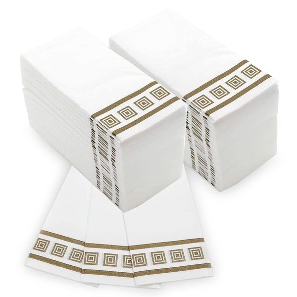 Fete Decorative Hand Towels, Gold design 100 Disposable Linen-Feel Guest Towels – Formal Dinner, Anniversary, Wedding Napkins for Tables, Guestrooms, and Restrooms - 8.5x4" Folded, [Gold design]