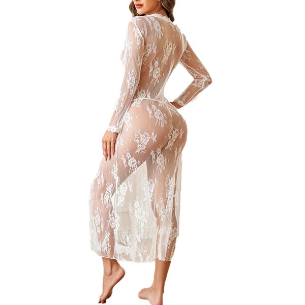 Avidlove Lace Kimono Lingerie Sexy Robe Gown Dress See-Through Coverup Babydoll White M