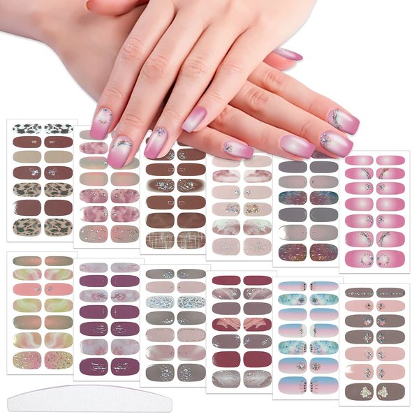WOKOTO 12 Sheets Nail Stickers Full Nail Wraps for Women Nail Art Stickers Self Adhesive Mix Design Nail Polish Strips Gel Nail Strips StickersFor Women Nail Art Decals Stick On Nails Polish Stickers
