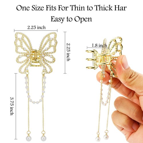 Ahoney 2Pcs Butterfly Clips for Hair, Butterfly Hair Claw Clips with Charms, Metal Fancy Hair Clips Hair Tassel Pearl Butterfly Hair Styling Accessories for Women Girls (Hollow Pearl butterfly)