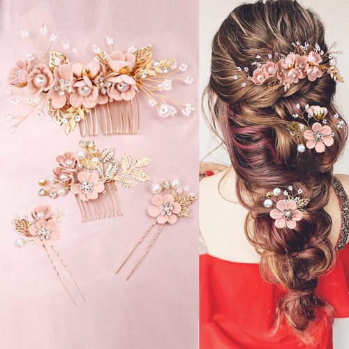 4 Pieces Pink Bridal Flower Wedding Hair Pins Crystal Pearl Hair Pins Clips Headpiece Gold Wedding Hair Accessories Jewelry with Rhinestone for Brides Bridesmaids Women Girls Updo