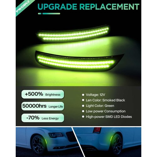 PWOBVZ Full Green LED Side Marker Light for Chrysler 300 2015 2016 2017 2018 2019 2020 2021 2022 2023 Smoked Lens Front Rear Fender Running Lamp，pack of 4