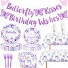 121 Pcs Butterfly Kisses Birthday Wishes Party Decor Butterfly Paper Plates Napkins Forks Cups Tablecloth Banner Dinnerware for Butterfly Baby Shower 1st 2nd 3rd 4th Bday Party Supplies Decorations