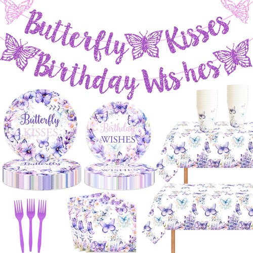 121 Pcs Butterfly Kisses Birthday Wishes Party Decor Butterfly Paper Plates Napkins Forks Cups Tablecloth Banner Dinnerware for Butterfly Baby Shower 1st 2nd 3rd 4th Bday Party Supplies Decorations