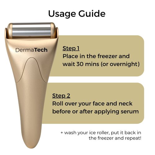 DermaTech Skincare Cold Therapy Facial Ice Roller | Ice Roller for Face & Eye Puffiness Relief | Stainless Steel Cooling Face Massager Roller | Aesthetic Ice Roller Gold