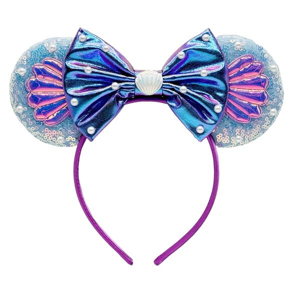 WW-WONDERFULWORLD Mouse Ears Headbands With Shiny Sequins and Exquisite Shell & Pearl Decoration, for Girls Costume Cosplay Glitter Party, Purple+Blue; BK-L