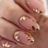 Press on Nails Short Length Almond Shaped Nails Artificial Acrylic Nails Gold Leaves Design Fake Nails Full Cover Glossy Reusable Coffin False Nails Glue on Nails for Women 24Pcs