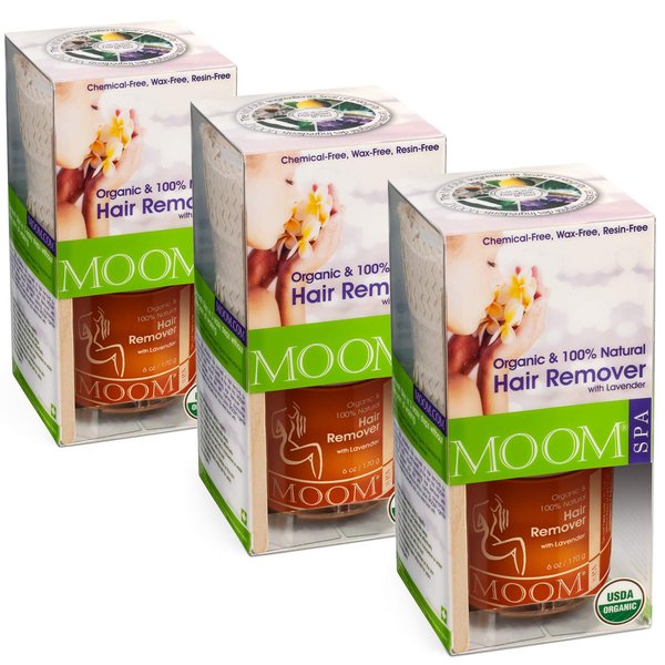 MOOM Organic Sugar Waxing Kit - Natural Sugar Wax Hair Removal Glaze with Lavender & Chamomile with 18 Hair Wax Strips & 4 Applicator Sticks for Face & Body 6 oz. 3 Pack