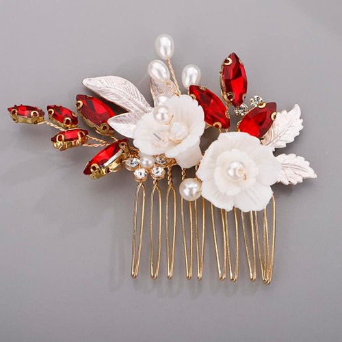 BERYUAN White Rose Flower Crystal Hair Comb for Women Cute Crystal Comb for Bride RED