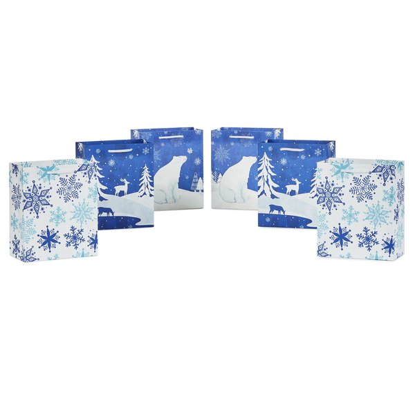 Hallmark 6" Christmas Gift Bags (6 Small Bags: Blue and White, Polar Bear, Snowflakes, Reindeer and Trees) for Holiday Parties, Gift Cards, Teacher Presents, Party Favors