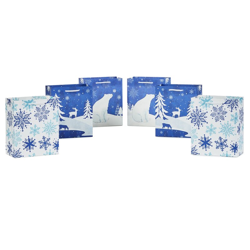 Hallmark 6" Christmas Gift Bags (6 Small Bags: Blue and White, Polar Bear, Snowflakes, Reindeer a...