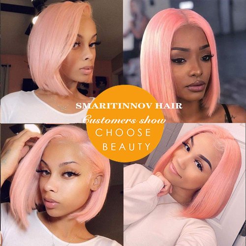 Pink T Part Lace Bob Wigs 16 Inch Remy Hair Silky Straight 13x1x4 Lace Front Wig Swiss Lace for Women 180% Density Middle Part Pink Bob wigs Bleached Knots with Baby Hair Pre Plucked Bob Wigs