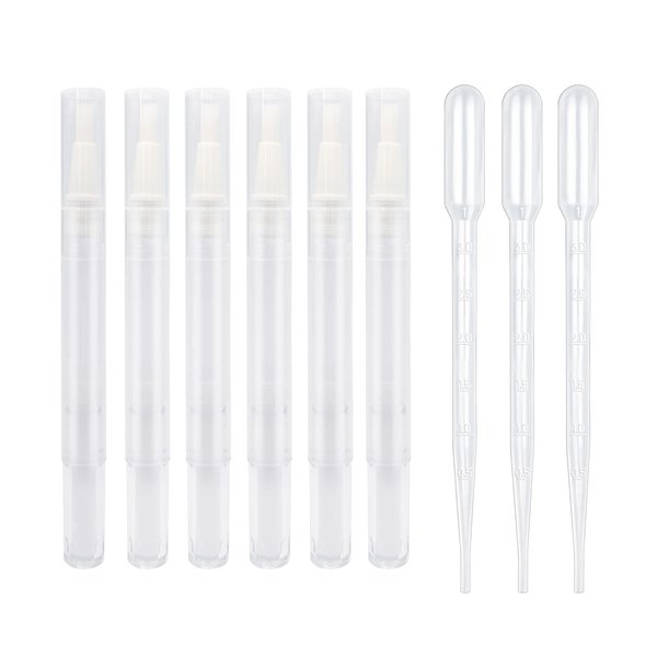 BlingKingdom 6pcs 3ml Empty Cuticle Oil Pen with 3pcs Pipettes Transparent Twist Pen Nail Oil Pen with Brush Tip Cosmetic Container Applicator for Homemade Nail Oil, Lip Gloss, Eyelash Growth Liquid