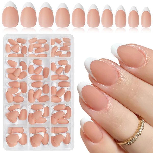 AddFavor French Tip Press on Nails Short Almond Fake Nails, 240pcs White French Nails Press on Almond Matte Pink Acrylic Nails with Adhesive Tabs for Women