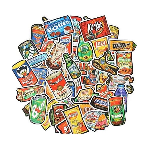 FoxYaye Snack Food Stickers - Funny Spoof Waterproof Durable Reusable Vinyl Decals, 10, 20, 50, Water Bottle Bike Bumper Luggage Skateboard Graffiti, Best Gift for Everyone (50)