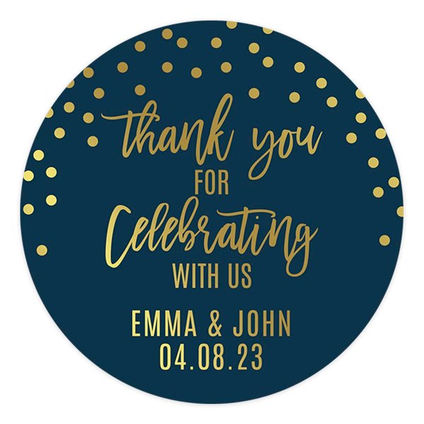 Andaz Press Navy Blue with Gold Metallic Ink Wedding Party Collection, Personalized Round Circle Label Stickers, Thank You for Celebrating with US, 40-Pack, Custom Name