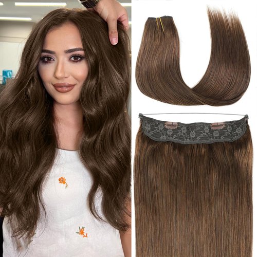 RECOOL Wire Hair Extensions Real Human Hair Balayage Chocolate Brown to Light Brown and Bleach Blonde Remy Invisible Wire Hair Extension Straight Clip in Hair Extensions(14 inch)