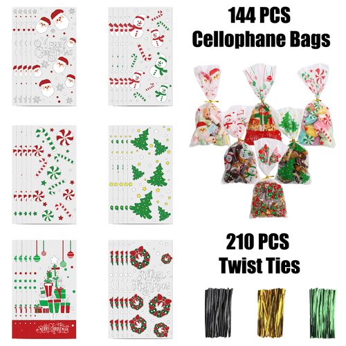 STEFORD 144PCS Christmas Cellophane Bags,Xmas Clear Candy Treat Cellophane Bag with 210PCS Twist Ties for Christmas Party Favors