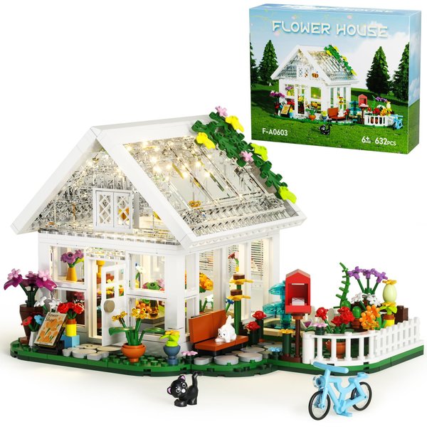 Muiurple Flower House with LED Light Building Set, Flowerhouse Fountain Countyard Buiding Set with Flowers Potted & Cat Playset, Greenhouse Model Xmas for Adults Teens Girls 6+