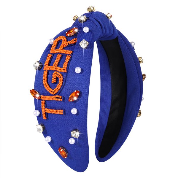 ZOLEAROPY Game Day Headband Pearl Rhinestone Football Knotted Headband Accessories Purple Crystal Beaded TIGER Orange Red Black Football Top Knot Hairband Headpiece College Football Game Outfit Gift