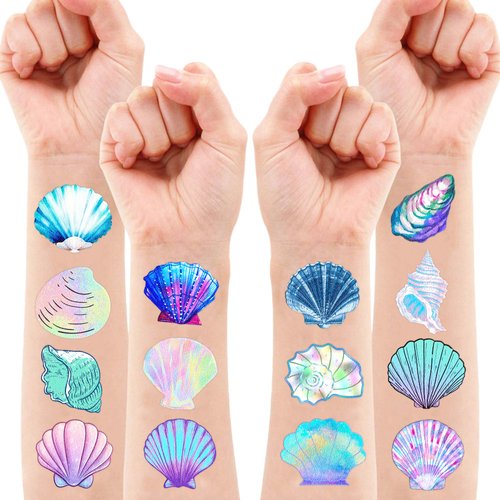 100 PCS Sea Shell Mermaid Birthday Party Decorations Favors Supplies Beach Ocean Seashells Decor Temporary Tattoos Stickers for Girls Boys Cute Gifts School Prizes Rewards