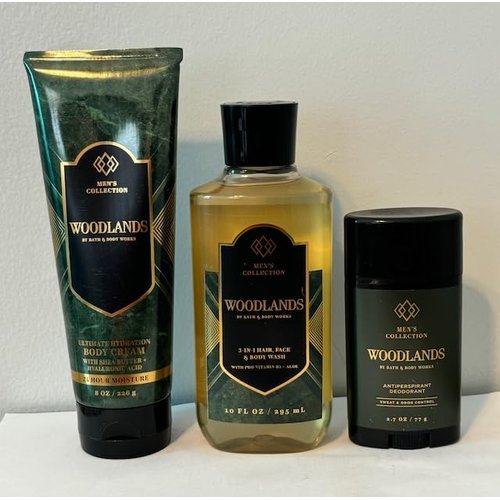 Bath Body Work Men's Collection Woodlands Trio Gift Set - Body Cream, 3 in 1 Hair, Face & Body Wash, and Antiperspirant Deodorant (Packaging may vary)