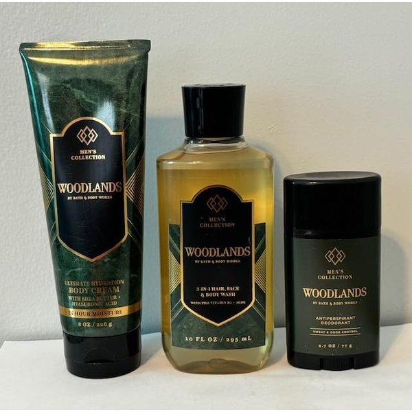 Bath Body Work Men's Collection Woodlands Trio Gift Set - Body Cream, 3 in 1 Hair, Face & Body Wash, and Antiperspirant Deodorant (Packaging may vary)