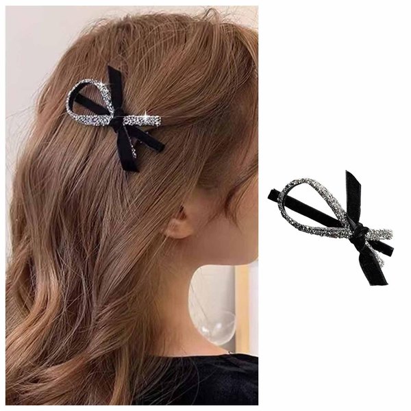 Vacaonio French Crystal Bow Hair Clip Barrette Silver Black Bow Side Hairclip Cz Bow Hair Barrette Clip Velvet Bowknot Head Clip Pin Decorative Hair Accessories for Women and Girls Headdress