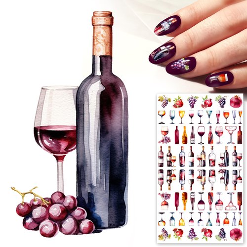 Nail Stickers Decals (5 Sheets) FLONZNAIL Wonderful Watercolour Paintings of Wines and Grapes Vintage Styled Nail Decor